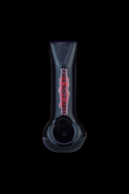 A close-up shot of the 4-inch Puff Puff Pass hand pipe, displaying its simple, curved design against a dark background.
