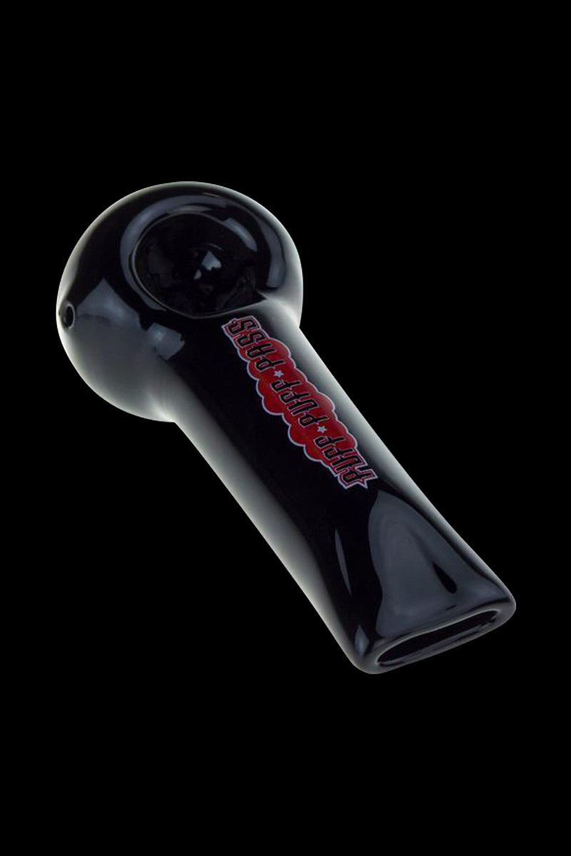 A close-up, angled view of the Puff Puff Pass 4 Inch Hand Pipe, showcasing its dark glass construction.