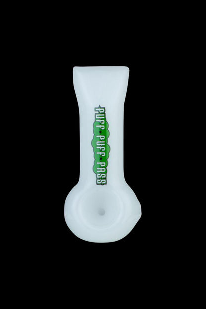 A front view of the 4-inch Puff Puff Pass hand pipe, showcasing its simple, streamlined glass design.
