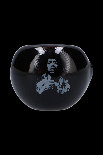 Front-facing shot of the Rock Legends Glass Spoon Pipe - Jimi NYC showing a glossy black bowl with a grey portrait of Jimi Hendrix.