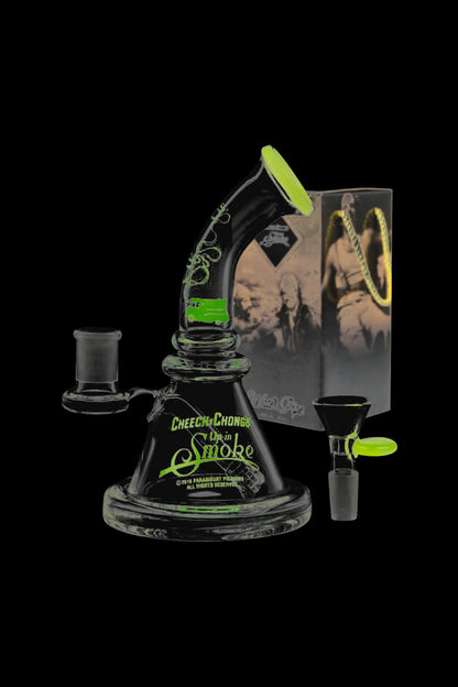 A studio shot displays the Cheech & Chong Strawberry Mini Beaker Bong with a clear glass base and a patterned design on the neck.