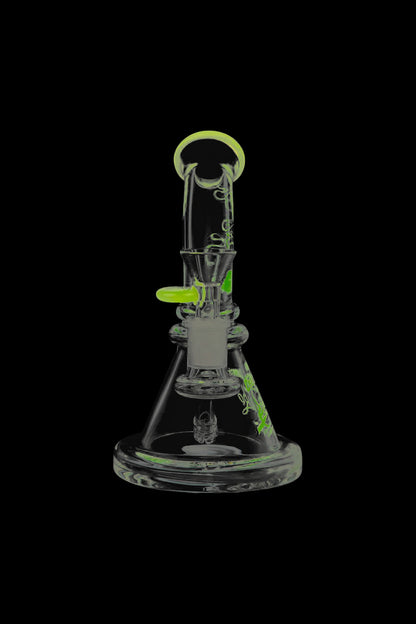 A front view of the Cheech & Chong Strawberry Mini Beaker Bong, highlighting the smooth curves of the clear glass design.