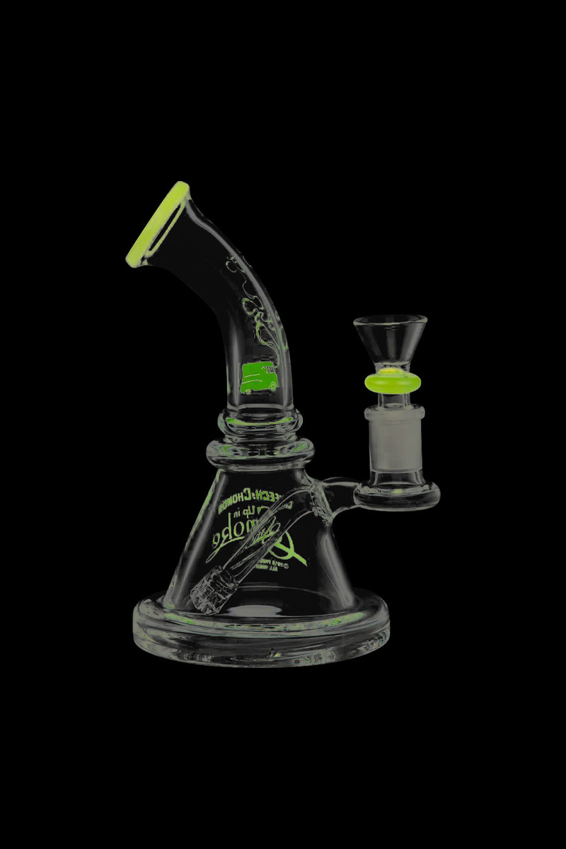 Front view of the Cheech & Chong Strawberry Mini Beaker Bong, showcasing its rounded base and clear glass construction.