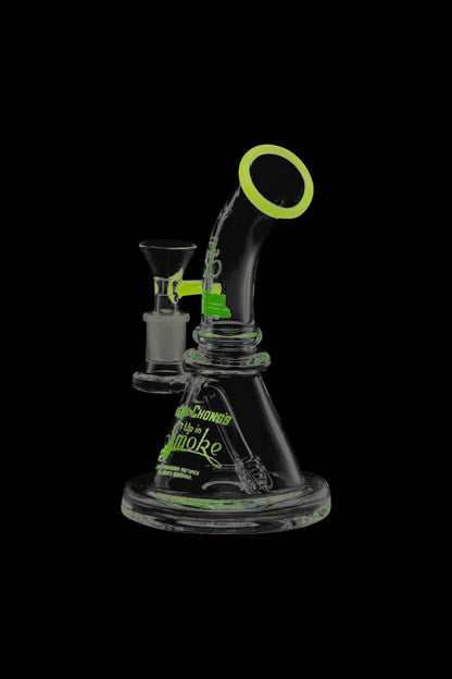 Front view of the Cheech & Chong Strawberry Mini Beaker Bong, showcasing its clear glass construction and compact size.
