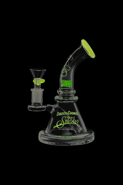 A studio shot of the Cheech & Chong Strawberry Mini Beaker Bong, showcasing its clear glass construction and compact size.