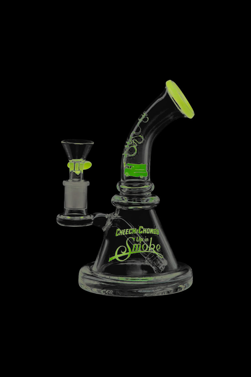 A studio shot of the Cheech & Chong Strawberry Mini Beaker Bong, showcasing its clear glass construction and compact size.