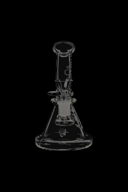 Front view of the Cheech & Chong Strawberry Mini Beaker Bong, showing the clear glass design with a rounded base and slender neck.