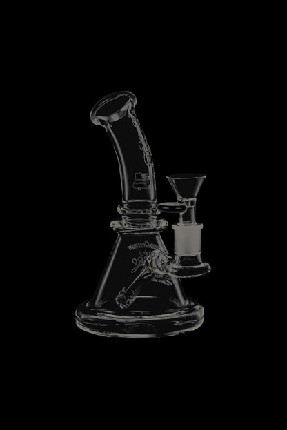 Front view of the Cheech & Chong Strawberry Mini Beaker Bong, a clear glass piece with a wide base and slender neck.