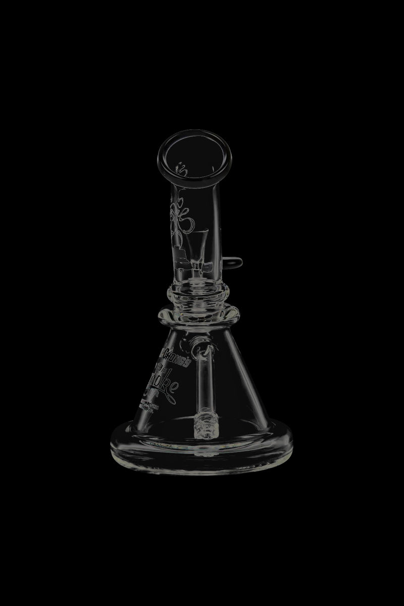 Front view of the Cheech & Chong Strawberry Mini Beaker Bong, a clear glass piece with a simple, rounded base.