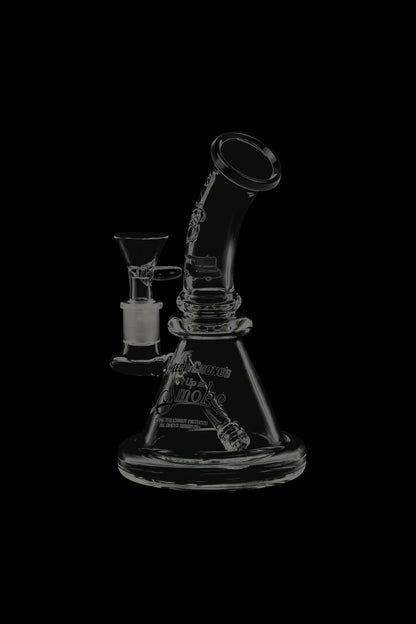 A studio shot of the Cheech & Chong Strawberry Mini Beaker Bong, displaying its curved form and clear glass construction.