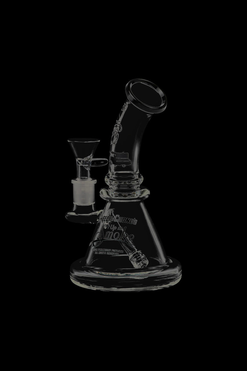 A studio shot of the Cheech & Chong Strawberry Mini Beaker Bong, displaying its curved form and clear glass construction.