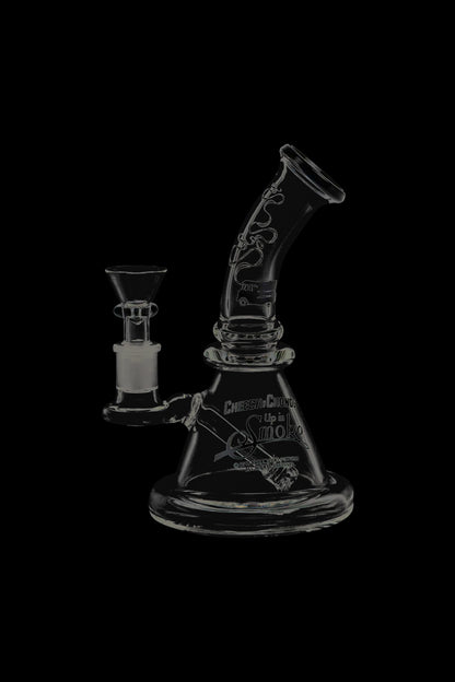 A studio shot of the Cheech & Chong Strawberry Mini Beaker Bong, angled to showcase its simple, transparent design.
