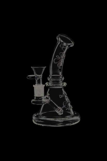 Front view of the Cheech & Chong Strawberry Mini Beaker Bong, showcasing its clear glass construction and compact size.