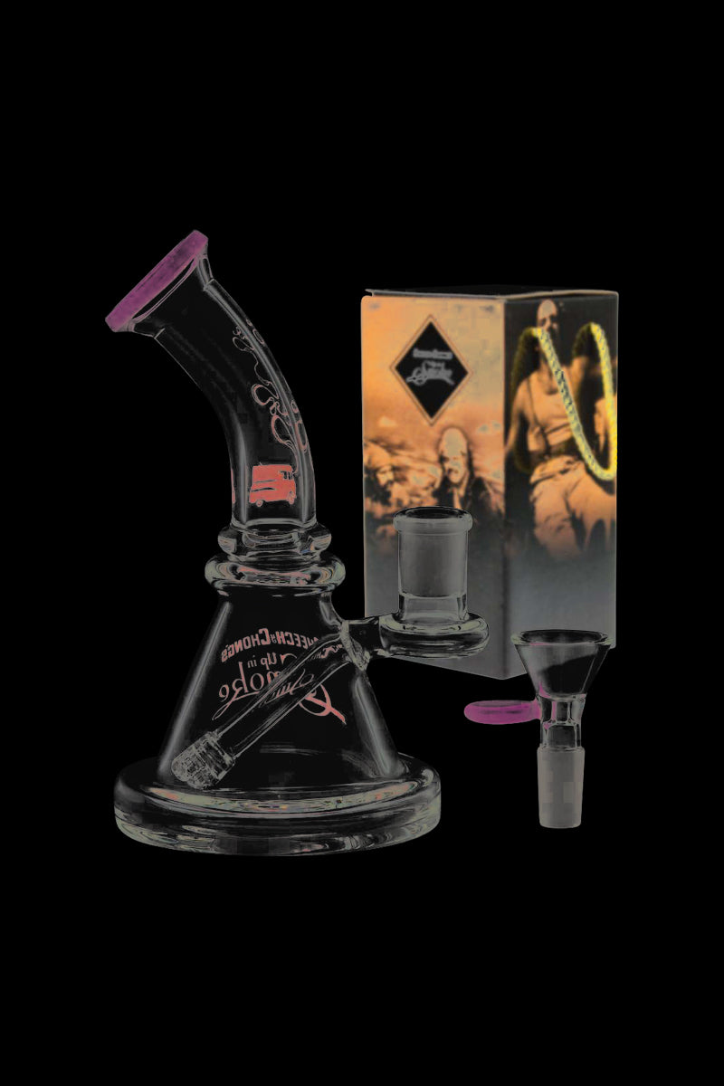 Front view of the Cheech & Chong Strawberry Mini Beaker Bong, showcasing its clear glass construction and compact size.