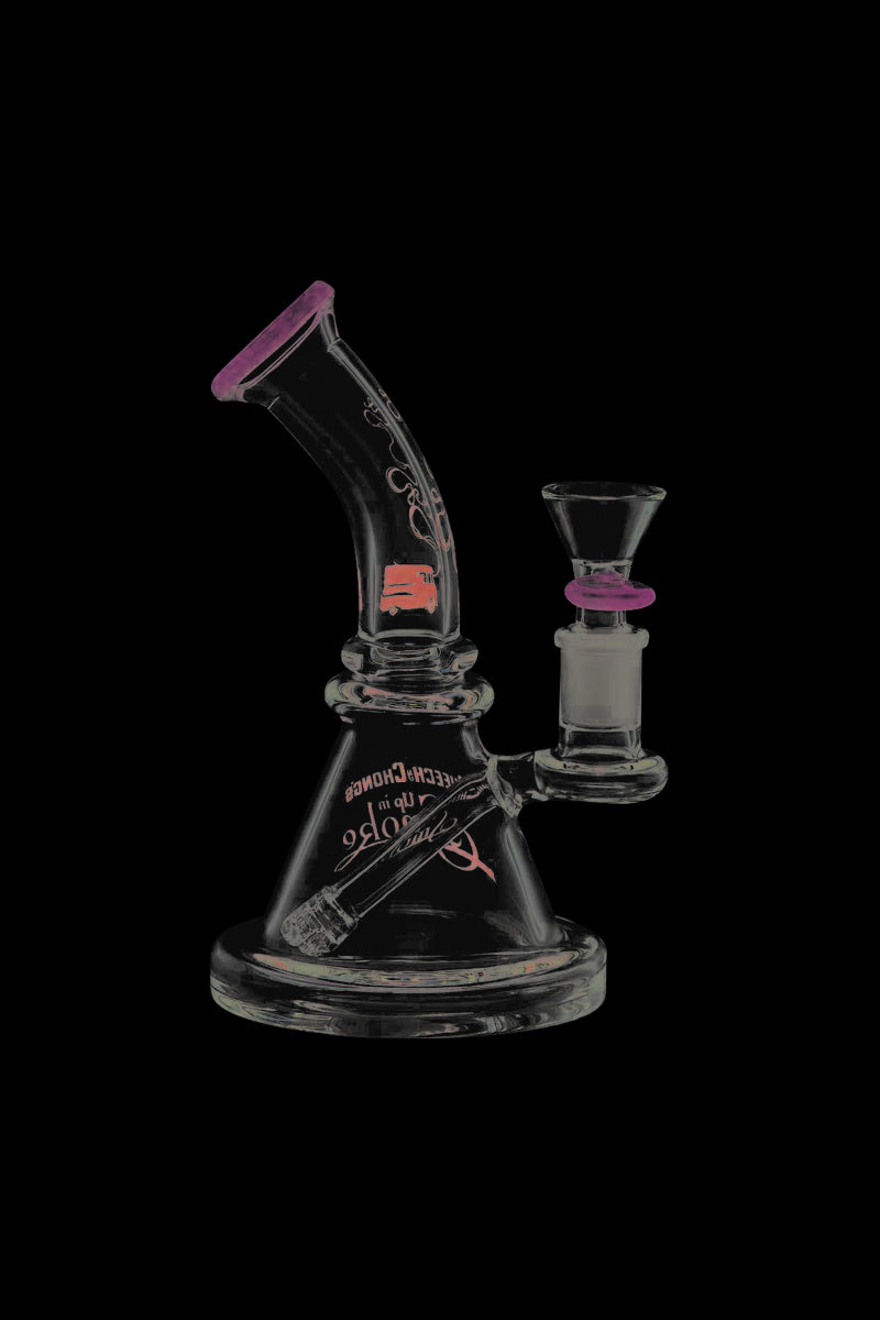 Front view of the Cheech & Chong Strawberry Mini Beaker Bong, showcasing the colorful glass design in a studio setting.