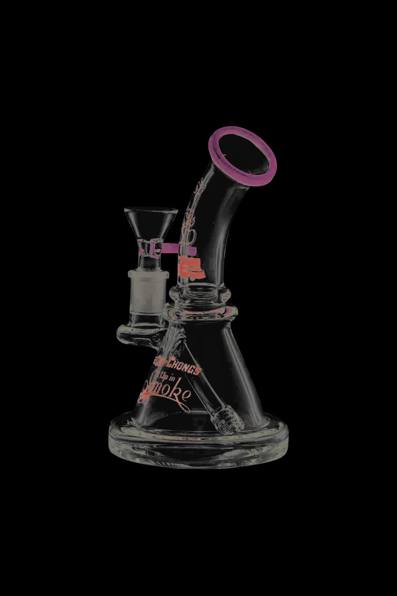 A studio shot of the Cheech & Chong Strawberry Mini Beaker Bong, showcasing its clear glass construction and compact size.