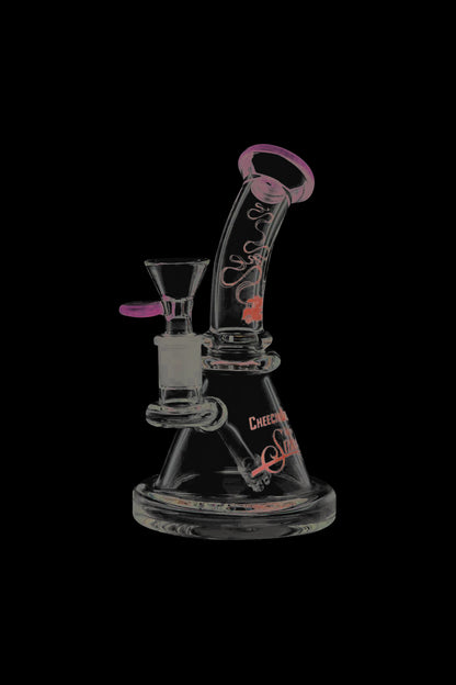 A studio shot of the Cheech & Chong Strawberry Mini Beaker Bong, showcasing its clear glass construction and classic beaker shape.