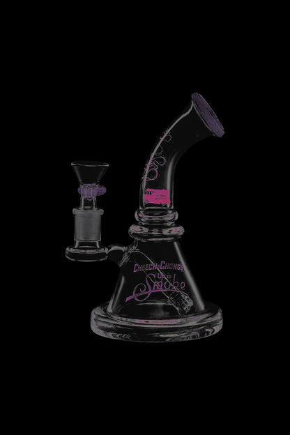 Front view of the Cheech & Chong Strawberry Mini Beaker Bong, showcasing its compact size and clear glass construction.