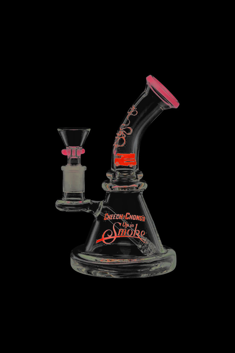 A studio shot of the Cheech & Chong Strawberry Mini Beaker Bong with a slightly angled view, highlighting the translucent pink glass.