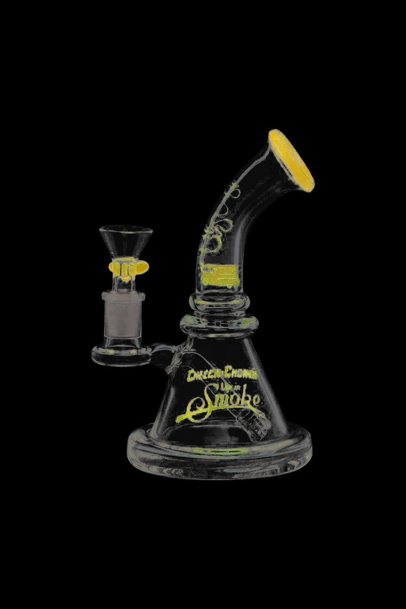 Front view of the Cheech & Chong Strawberry Mini Beaker Bong, a clear glass piece with a wide base and narrow neck.