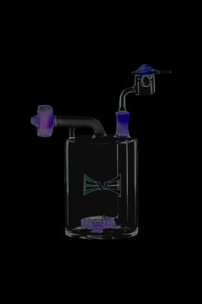 Front view of the Evolution Money Jar Dab Rig with Banger and Carb Cap, showing the clear glass rig at a slight angle.