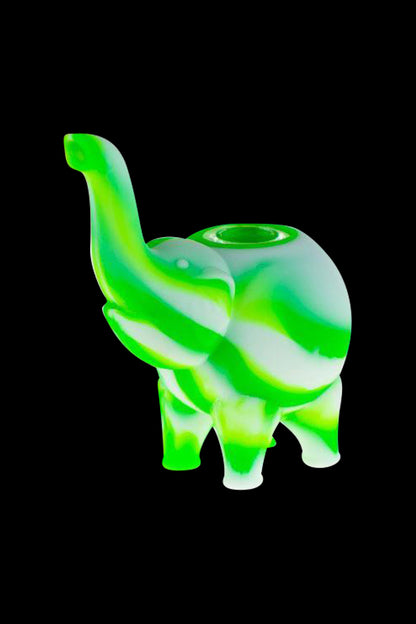 A front view of the Silicone Elephant Hand Pipe, sculpted as a playful green elephant with a textured trunk and compact design.