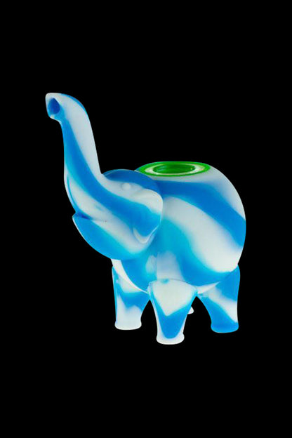Front view of the Silicone Elephant Hand Pipe, a blue, sculpted ceramic resembling an elephant.