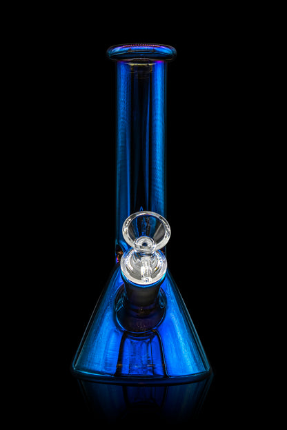 Blue glass water pipe (bong) against a black background.
