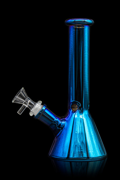 Blue glass water pipe (bong) with a glass bowl, isolated on black.