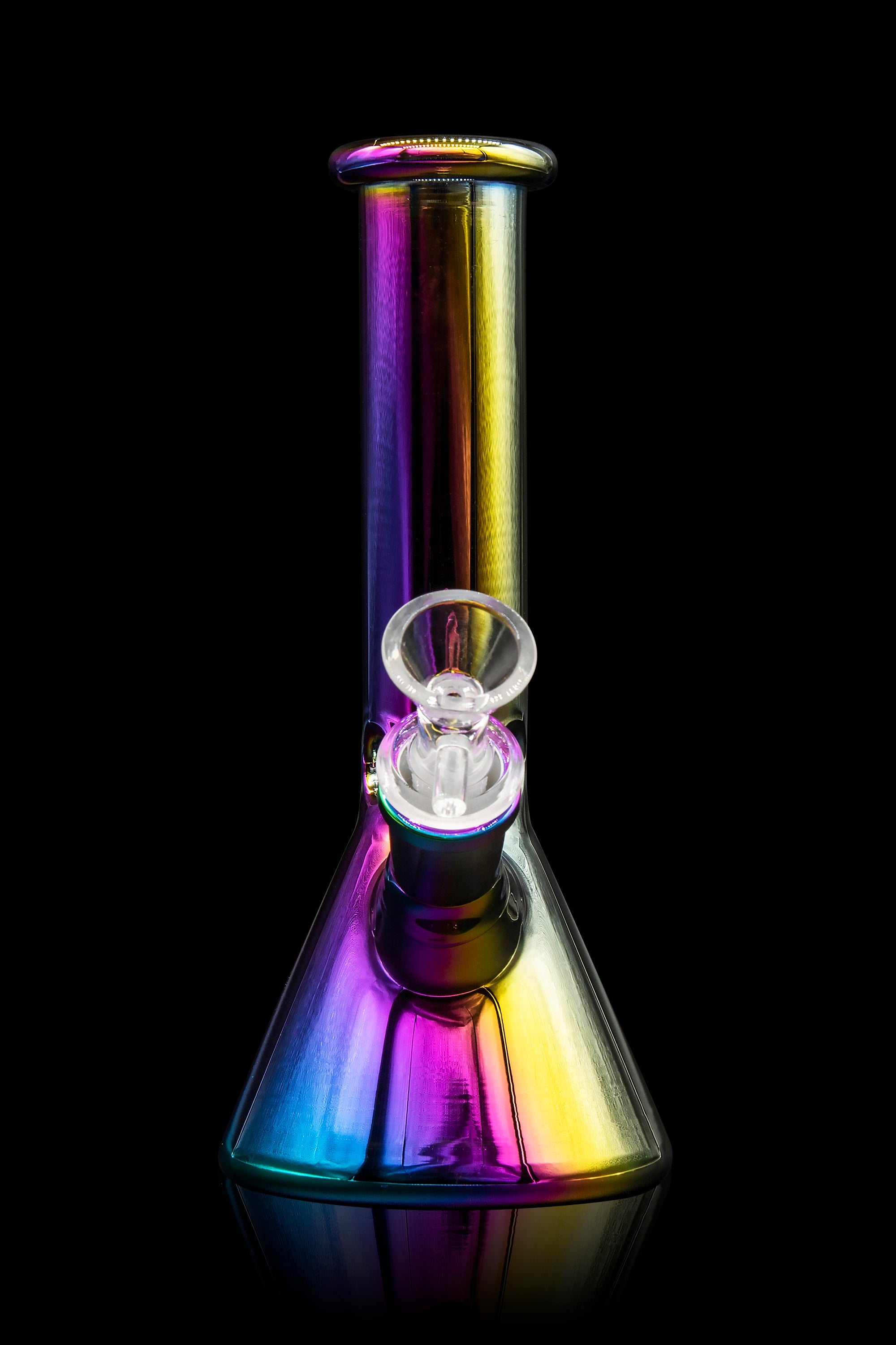 Iridescent glass bong against a black background.