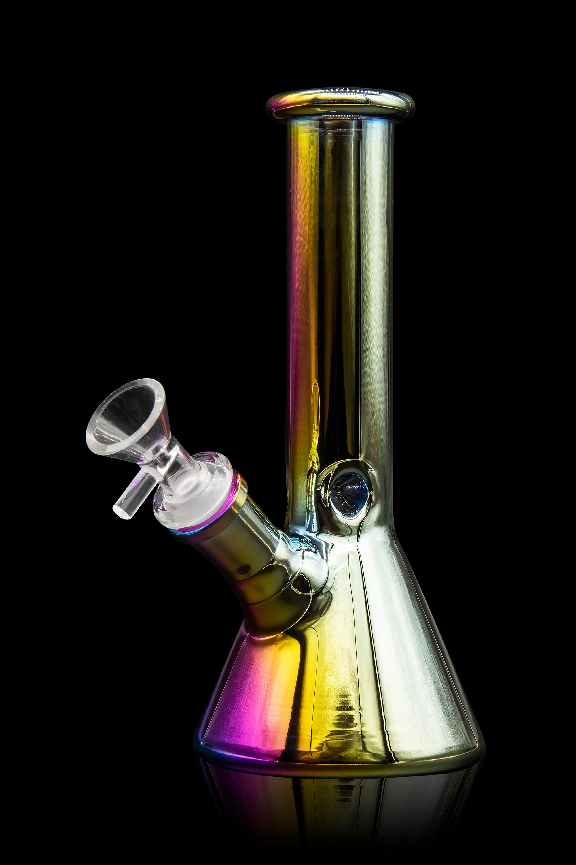 Iridescent glass water pipe, also known as a bong, against a black background.