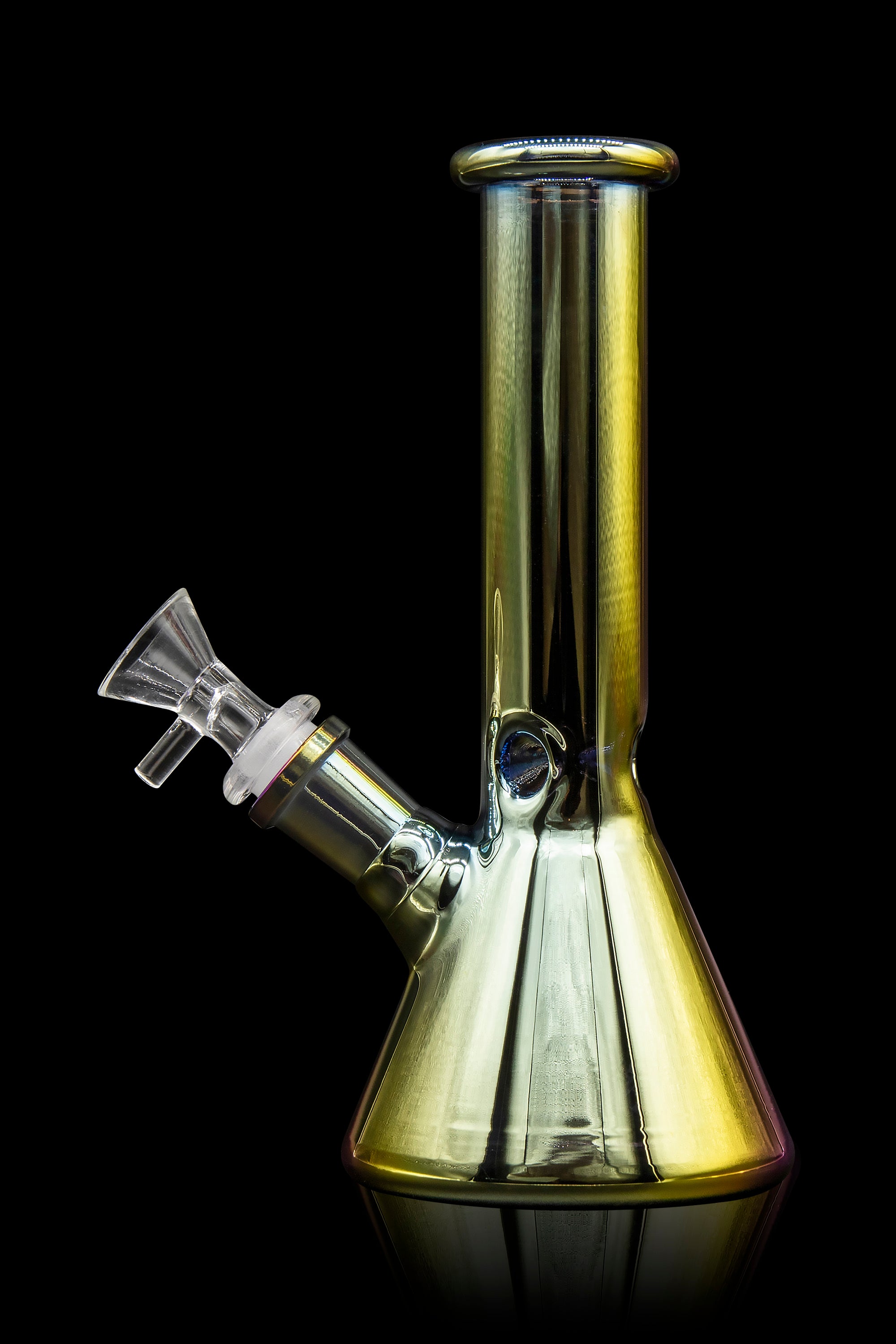 Iridescent glass water pipe, also known as a bong, against a black background.