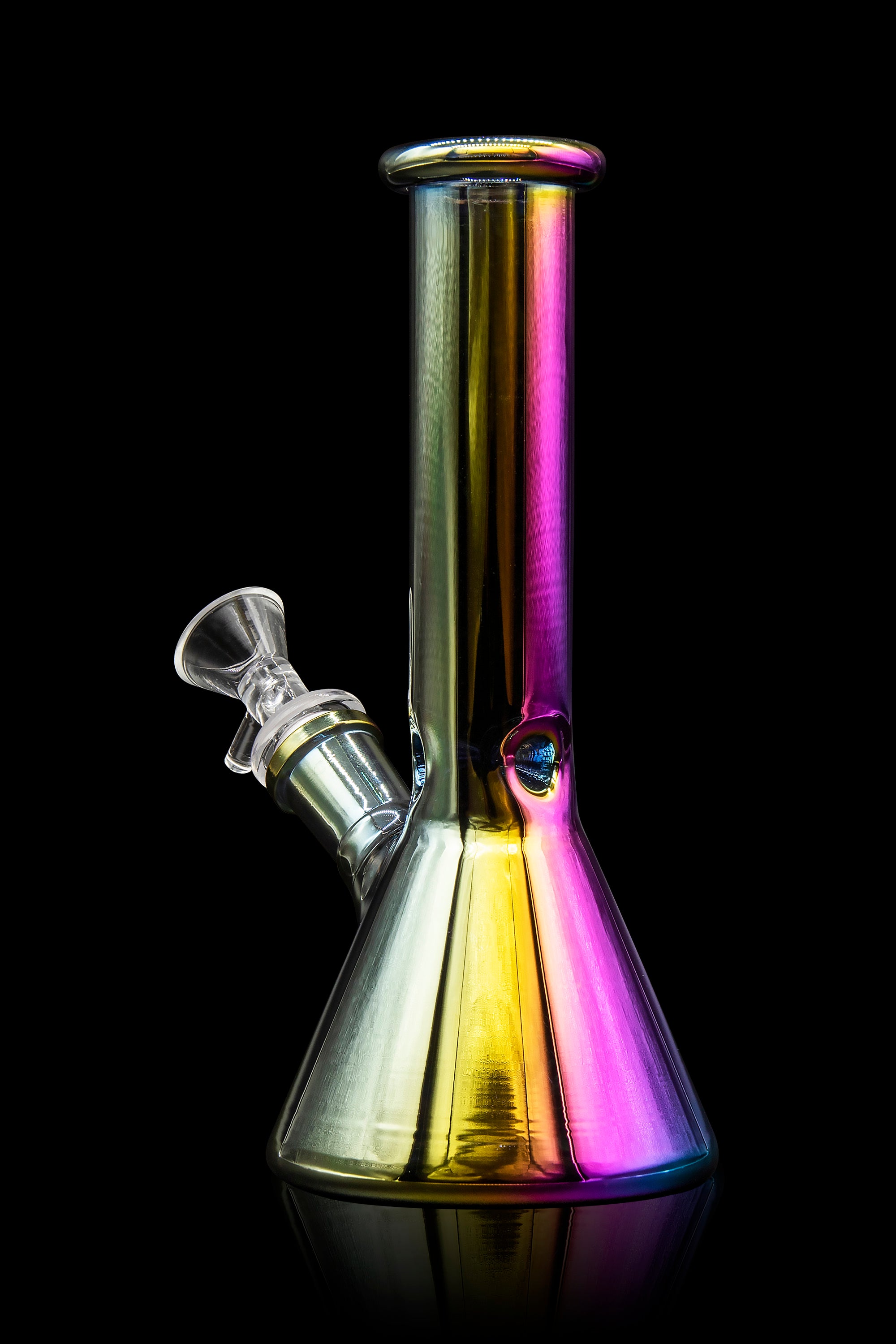 Iridescent glass water pipe against a black background.