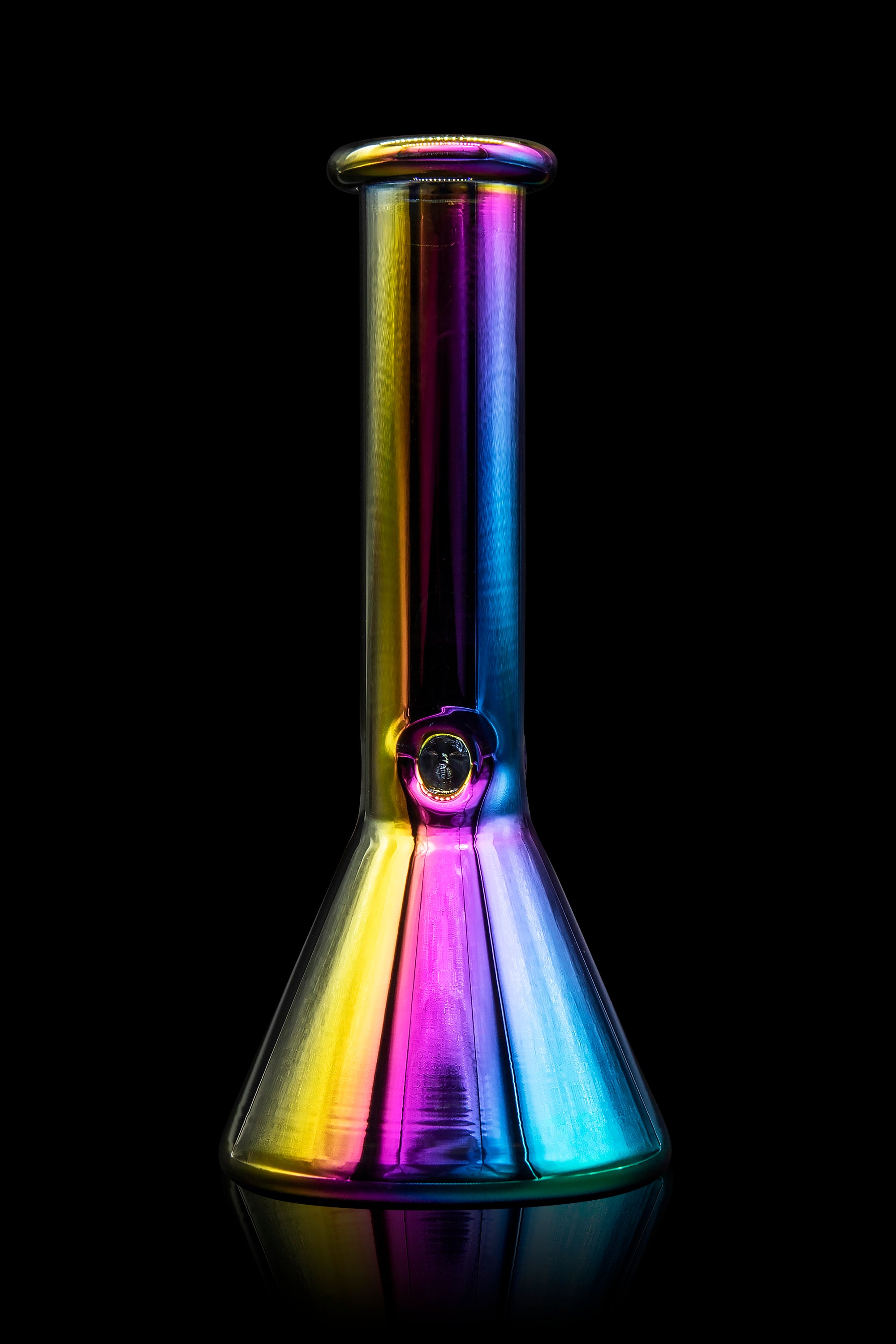 Iridescent glass bong against a black background.