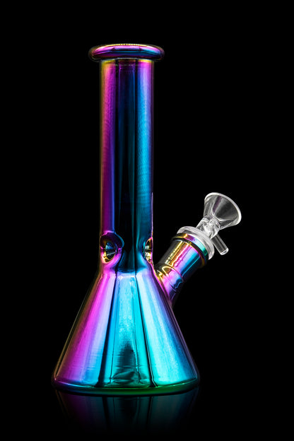 Iridescent glass water pipe (bong) against a black background.