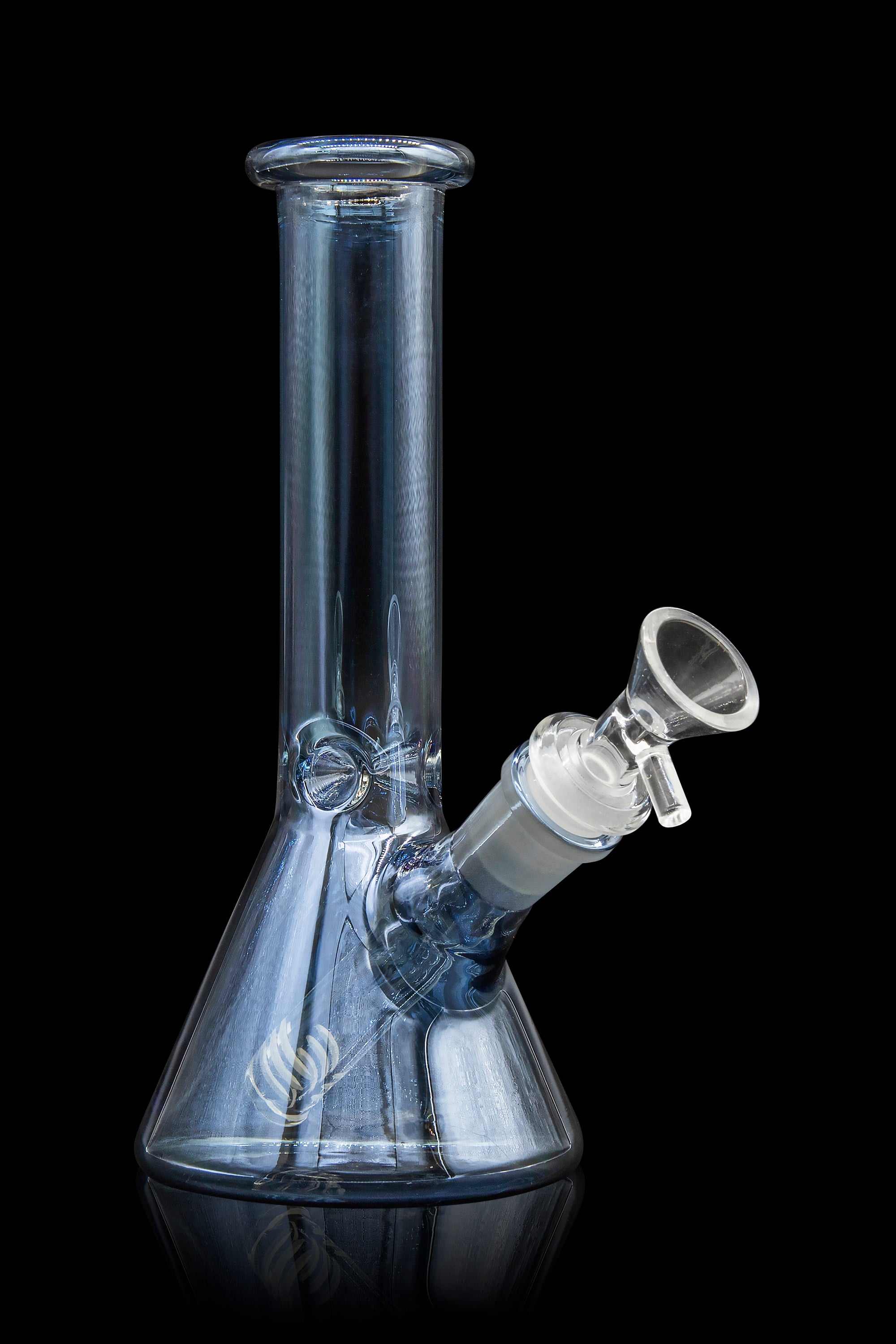 Clear glass water pipe (bong) with a flared base and angled downstem, isolated on a black background.