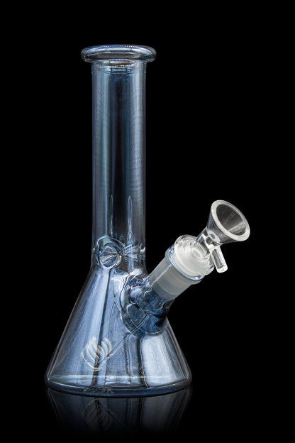 Clear glass water pipe (bong) with a flared base and angled downstem, isolated on a black background.