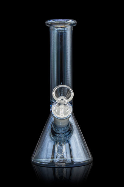 Blue glass water pipe (bong) against a black background.