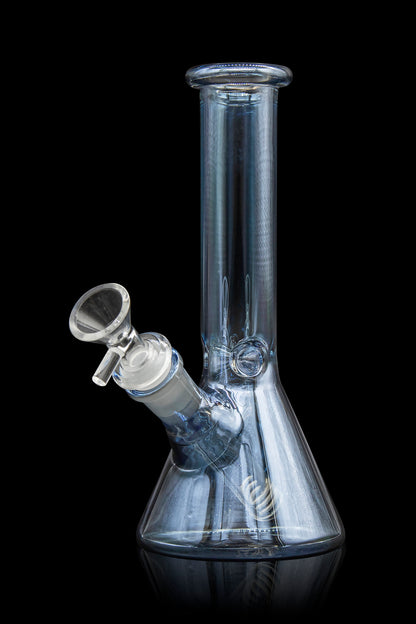 Clear glass water pipe (bong) with a glass bowl against a black background.