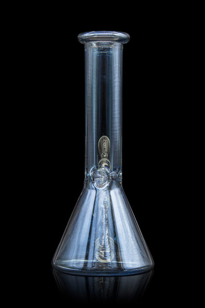 Blue glass beaker bong against a black background.