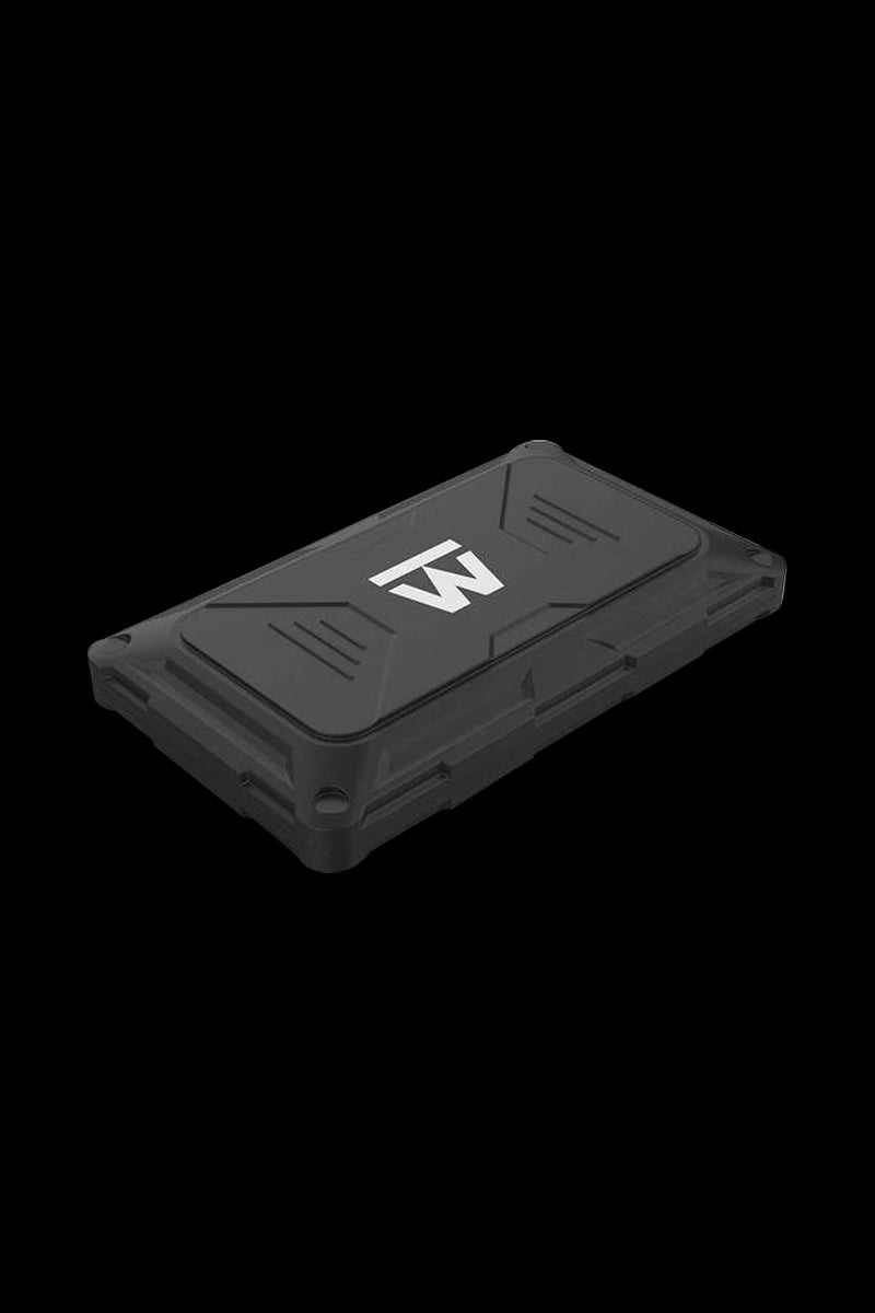 The Truweigh Riot Scale - 100g x 0.01g is displayed in a three-quarter view against a dark background, highlighting its sleek, rectangular design.