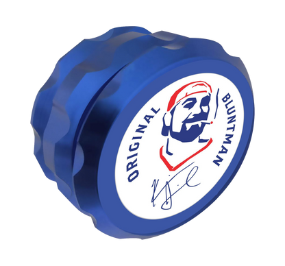 Front view of the Jay and Silent Bob Bluntman Grinder, a metallic blue cylindrical grinder with a smooth, polished finish.