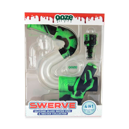 A packaged “Ooze Swerve” silicone glass water pipe and nectar collector in vibrant green and clear, displayed against a red and white box.