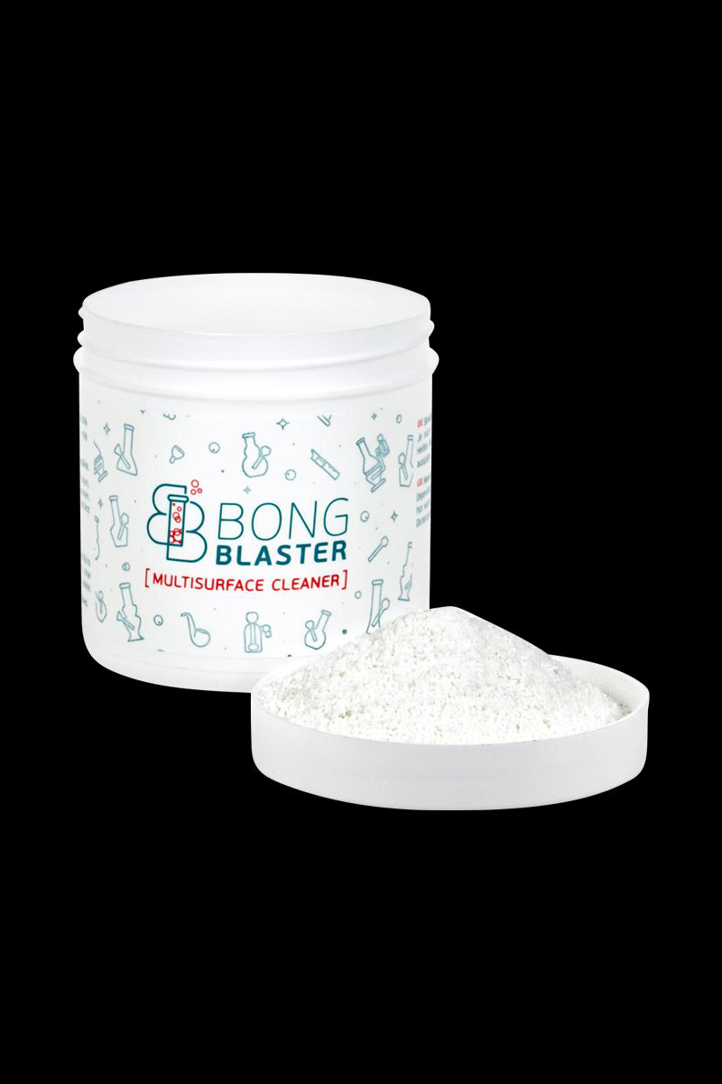 Front view of the Bong Blaster Bong Cleaner Powder Can, a white cylindrical container with a screw-on lid.