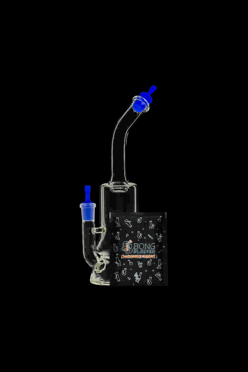 Front view of the Bong Blaster Bong Cleaner Starter Kit, featuring a clear glass bottle with a narrow neck and a black cap.