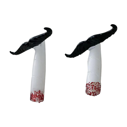 A front view of the Mustache Cig One Hitter, a clear glass pipe with a unique mustache-shaped mouthpiece.