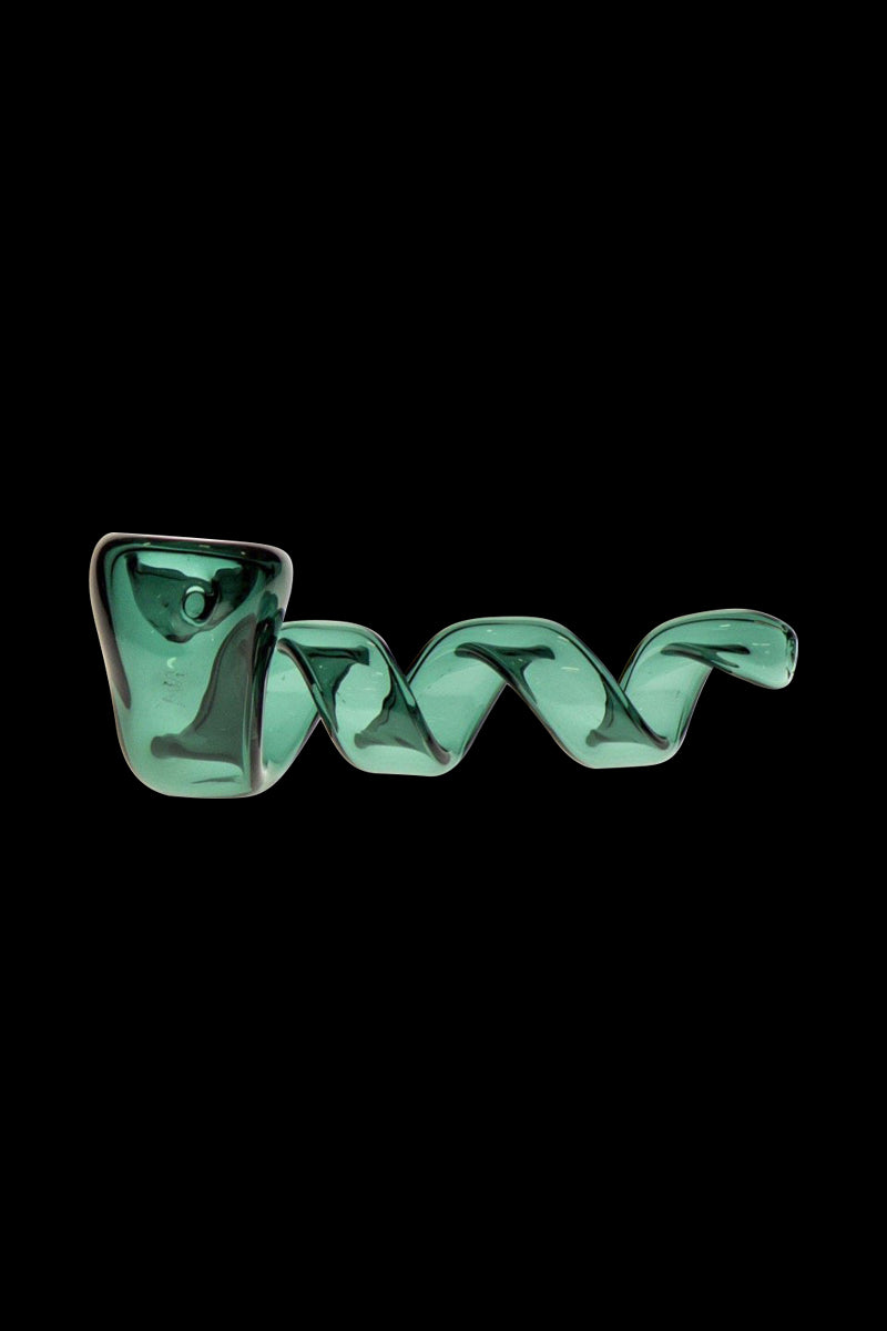 A side view of the Twisted Glass Hand Pipe, showcasing its curved form and glassy texture against a black background.