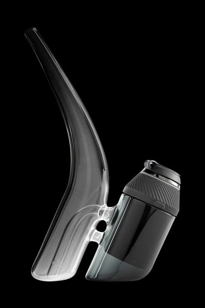 Sleek, modern cannabis water pipe with a curved glass neck and black base.