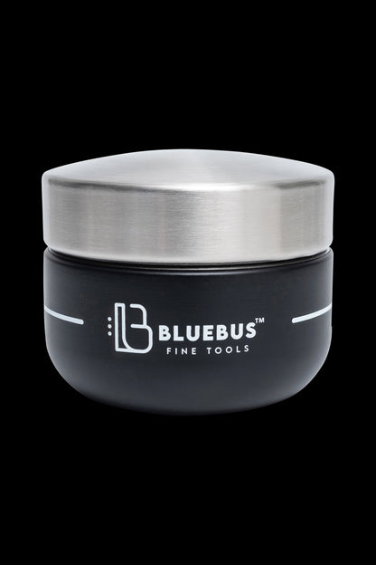 Black and silver jar with "Bluebus Fine Tools" logo, likely for cannabis concentrates.