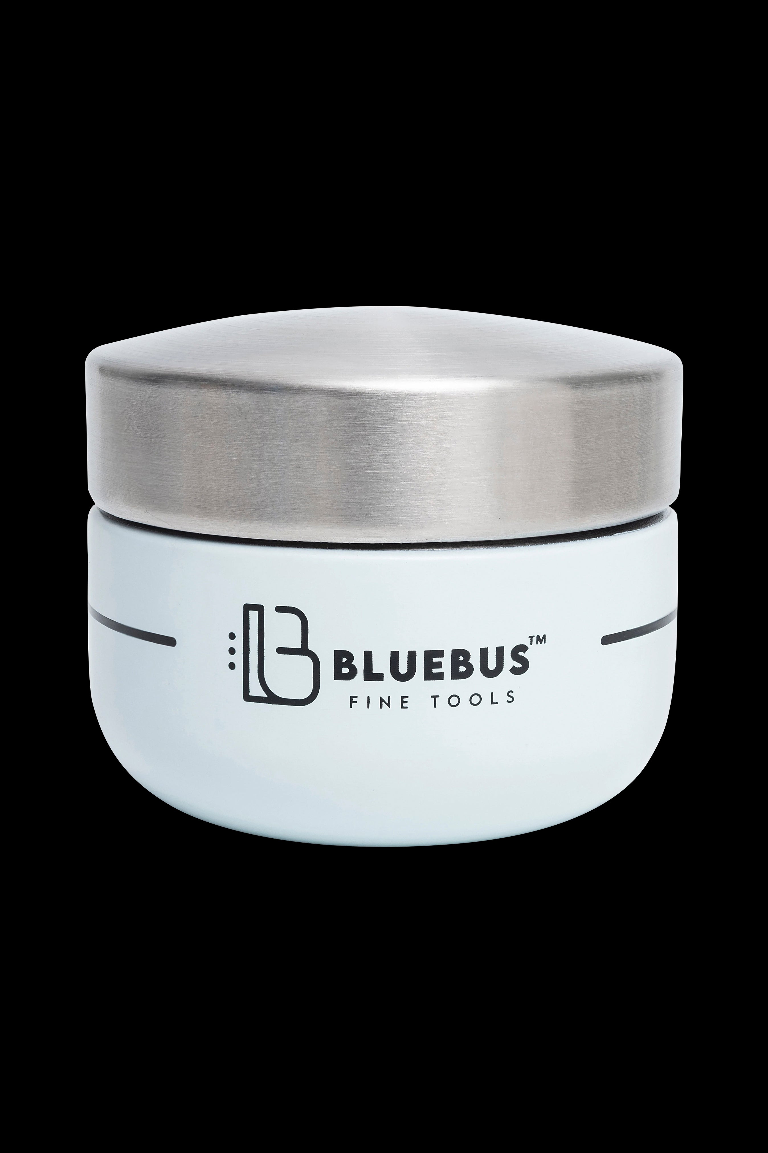 Silver jar with “Bluebus Fine Tools” logo, likely for cannabis storage.
